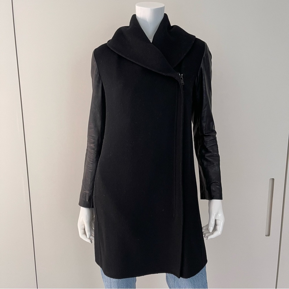 VINCE Wool Coat w/ Leather Sleeves in Black/Black